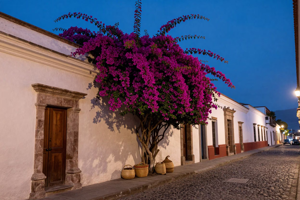 Evening Street Scene in Quito Ecuador with Bougainvillea and Woven Baskets in in Quito, Ecuador