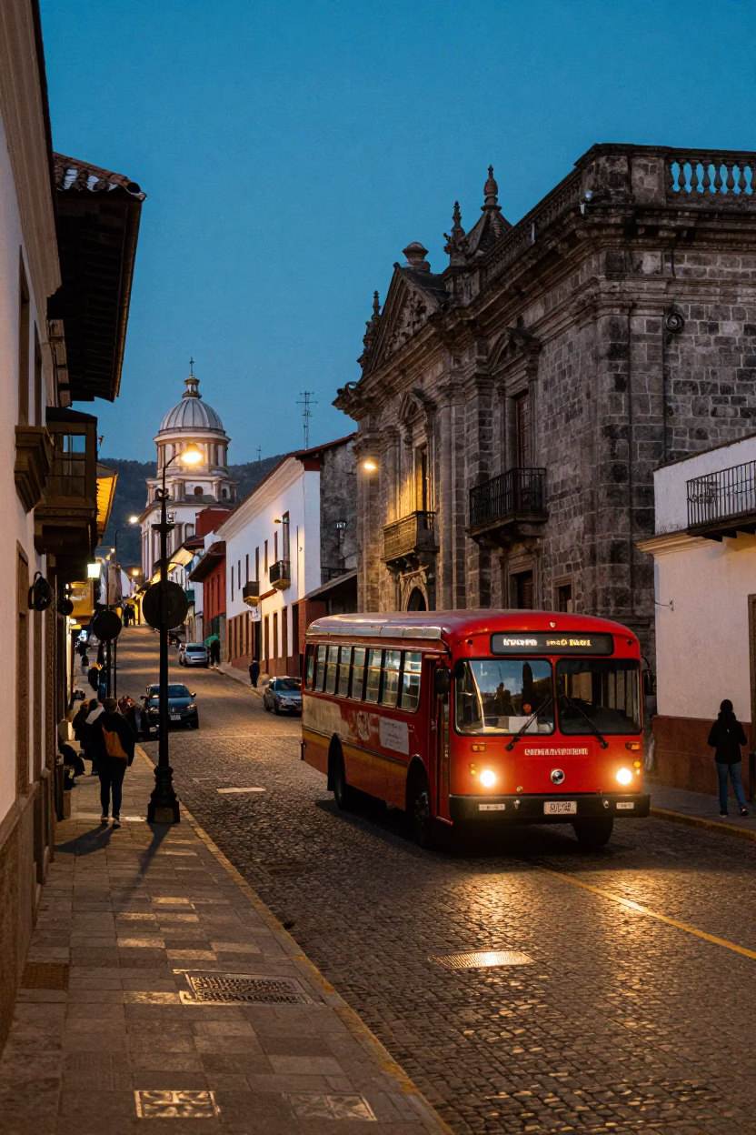 Evening Street Scene in Quito Ecuador with Classic Bus and Urban Details in in Quito, Ecuador