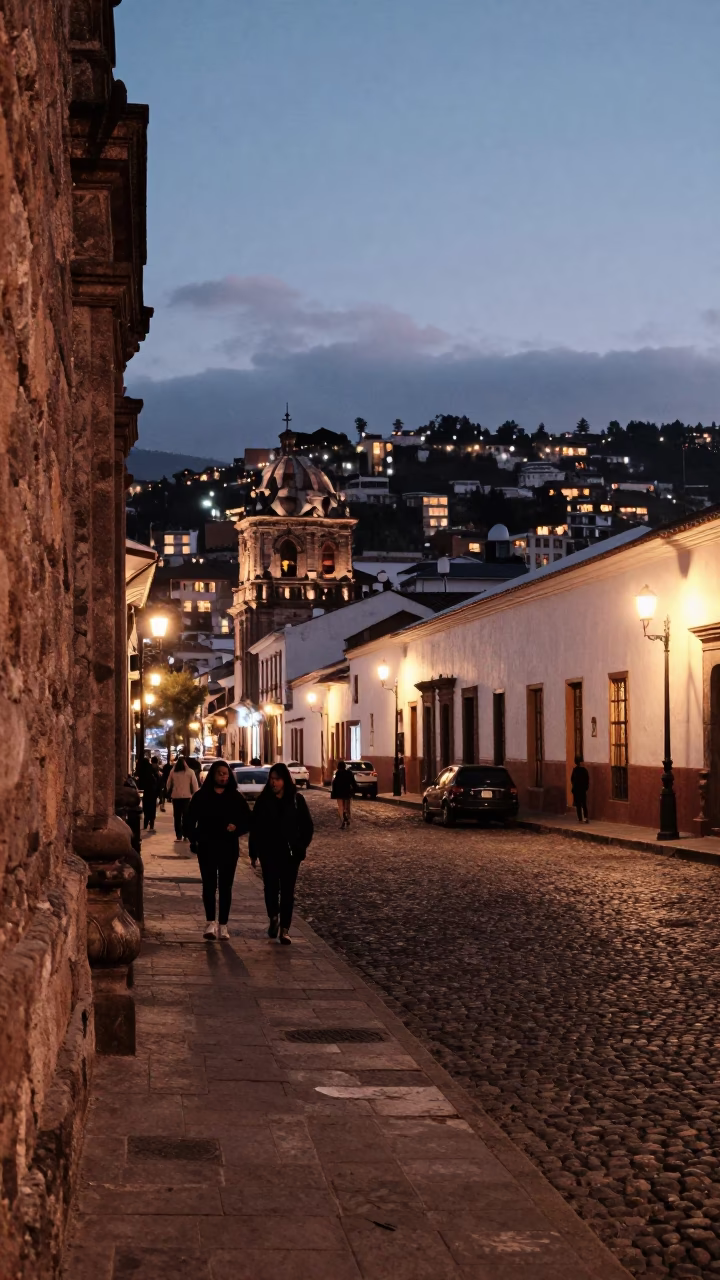 Evening Street Scene in Quito Ecuador With Cobblestones And City Lights in in Quito, Ecuador