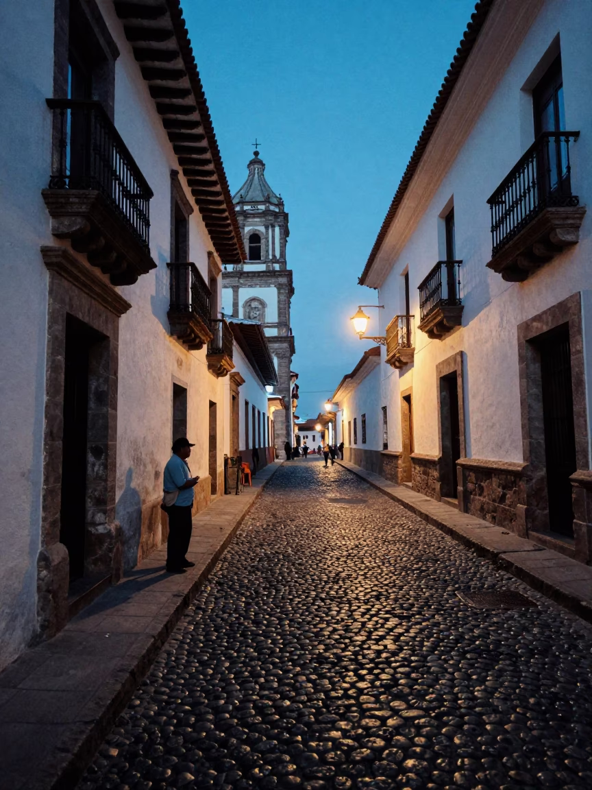 Evening Street Scene in Quito Ecuador with Cobblestones and Local Life in in Quito, Ecuador