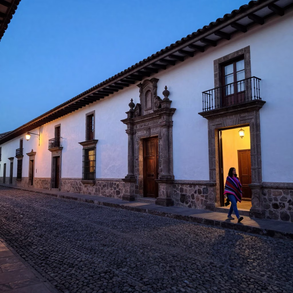 Evening street scene in Quito Ecuador with colonial architecture and local pedestrians in in Quito, Ecuador