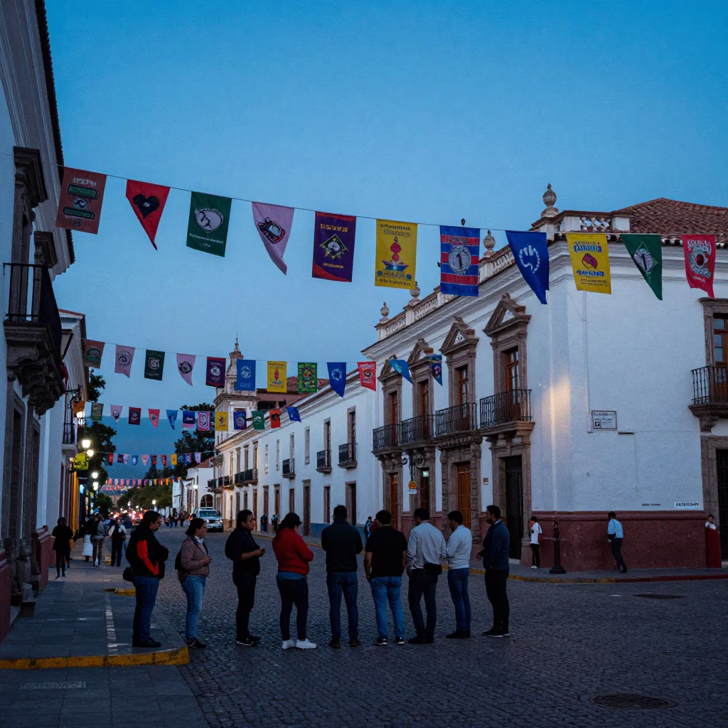 Evening Street Scene in Quito Ecuador with Colorful Banners and Local Activity in in Quito, Ecuador