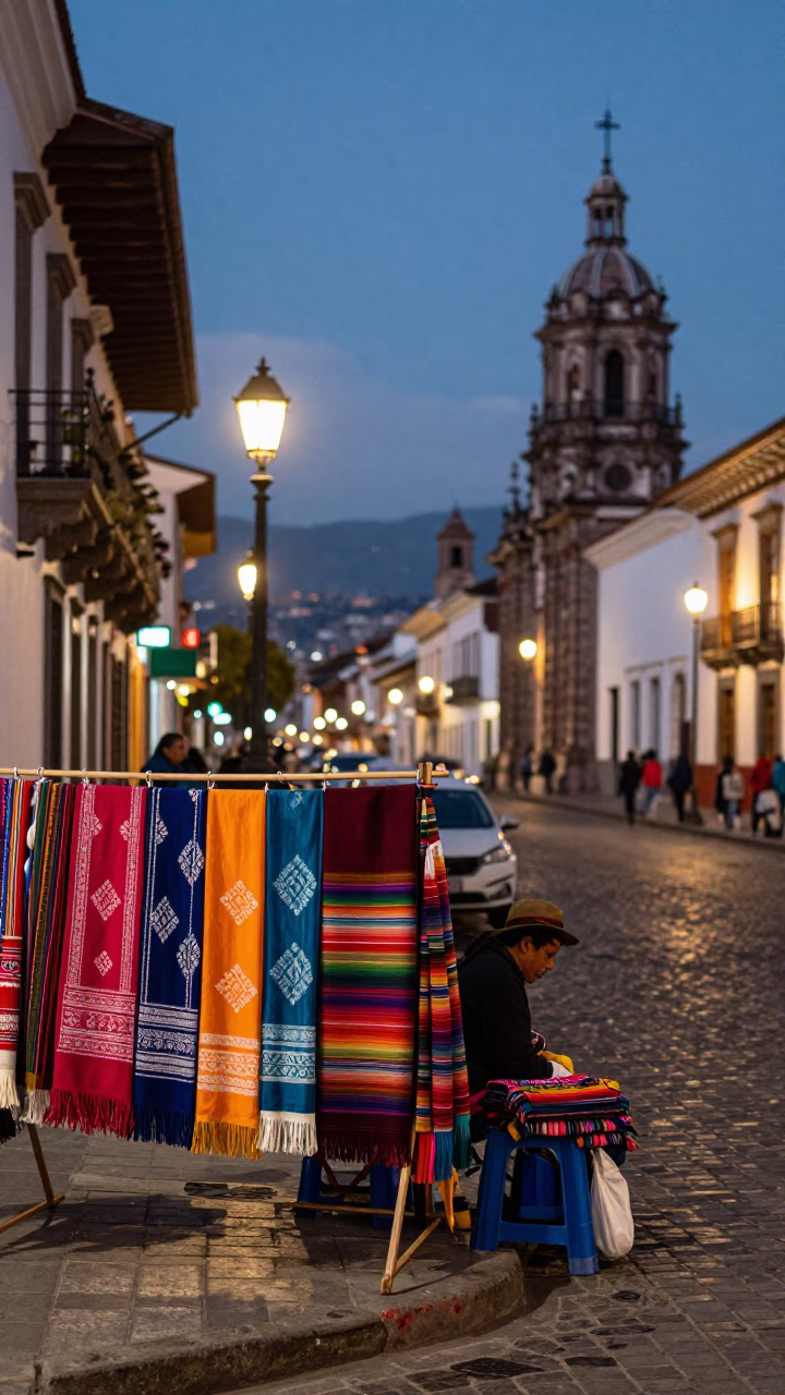 Evening Street Scene in Quito Ecuador with Colorful Textiles and Urban Life in in Quito, Ecuador