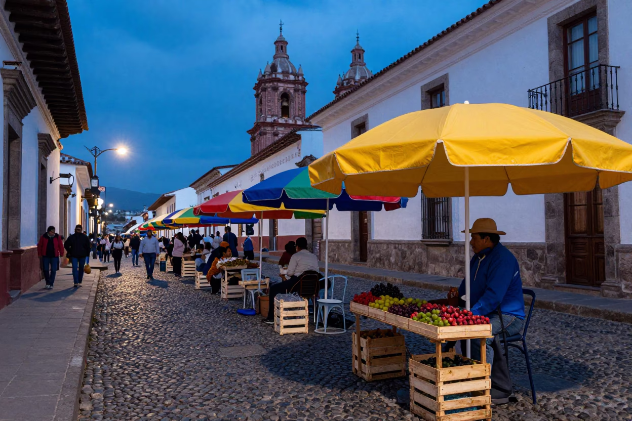 Evening Street Scene in Quito Ecuador with Colorful Umbrellas and Colonial Architecture in in Quito, Ecuador