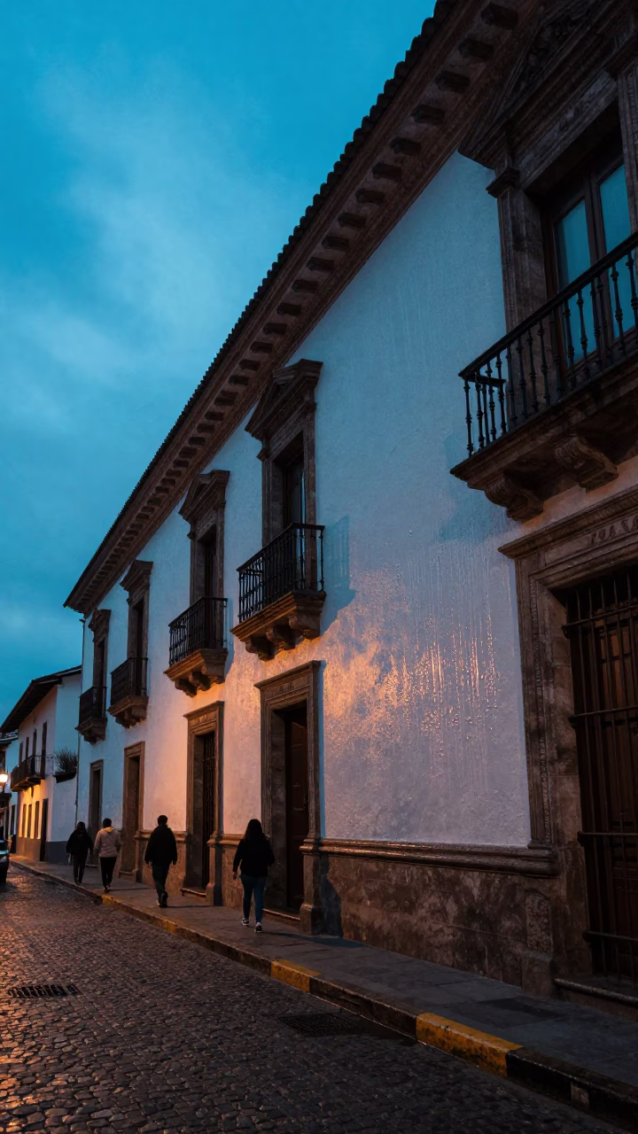 Evening street scene in Quito Ecuador with condensation on plaster wall and thermos in in Quito, Ecuador