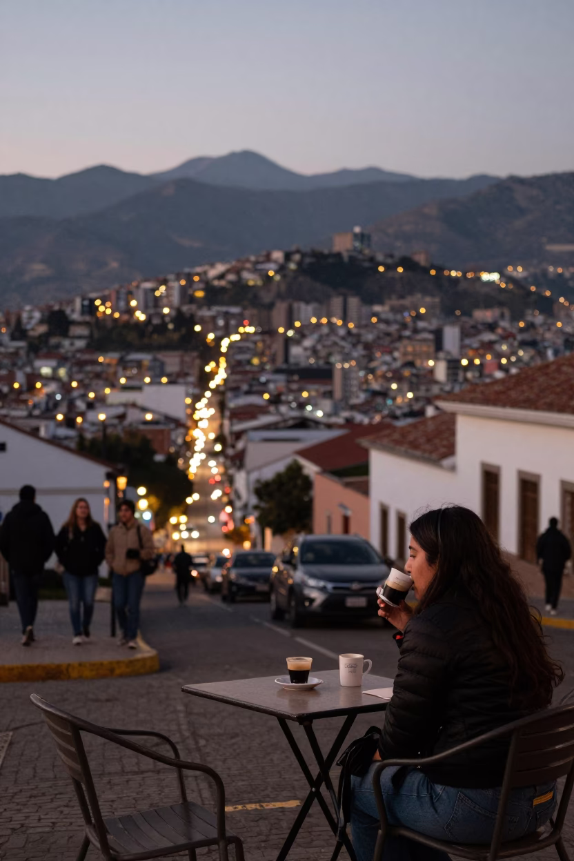 Evening street scene in Quito Ecuador with espresso cup and city lights in in Quito, Ecuador
