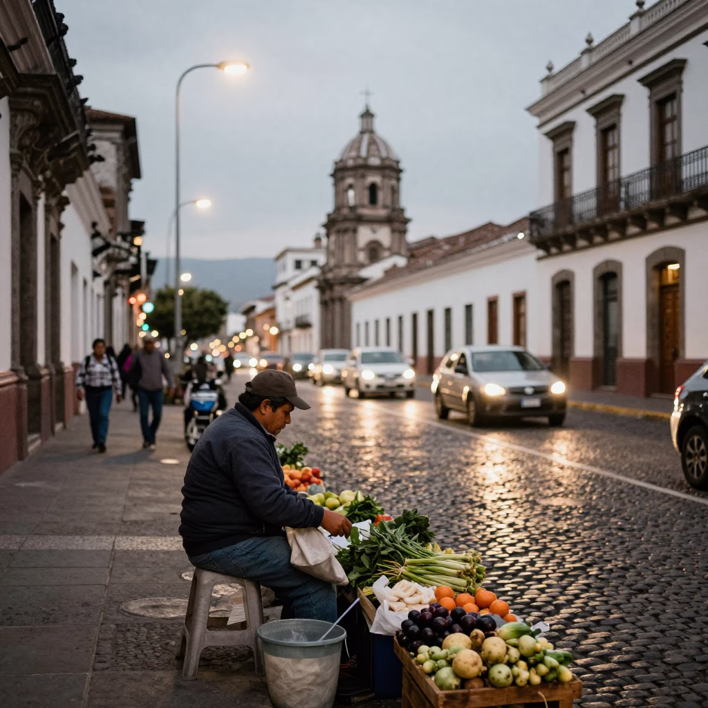 Evening Street Scene in Quito Ecuador with Local Vendor and City Lights in in Quito, Ecuador
