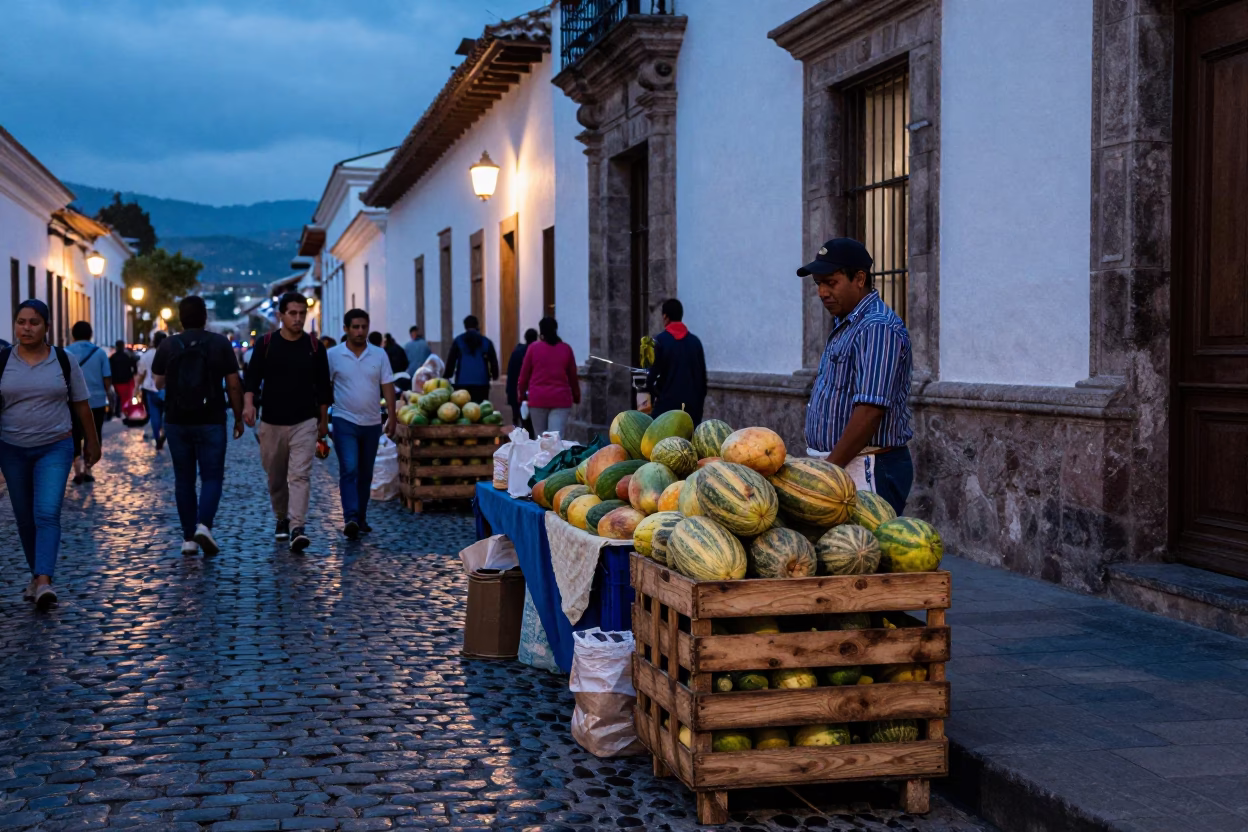 Evening Street Scene in Quito Ecuador with Melons and Olive Wood Spoon in in Quito, Ecuador