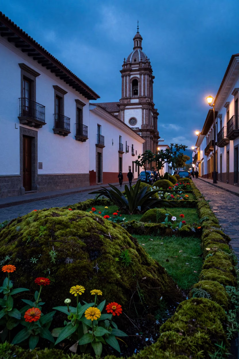 Evening Street Scene in Quito Ecuador with Moss Garden and Zinnias in in Quito, Ecuador