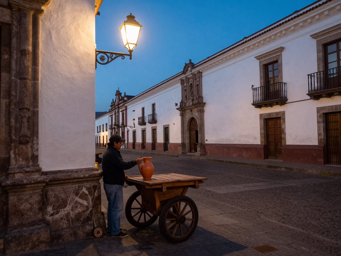 Evening Street Scene in Quito Ecuador with Pitcher and Lantern Light in in Quito, Ecuador