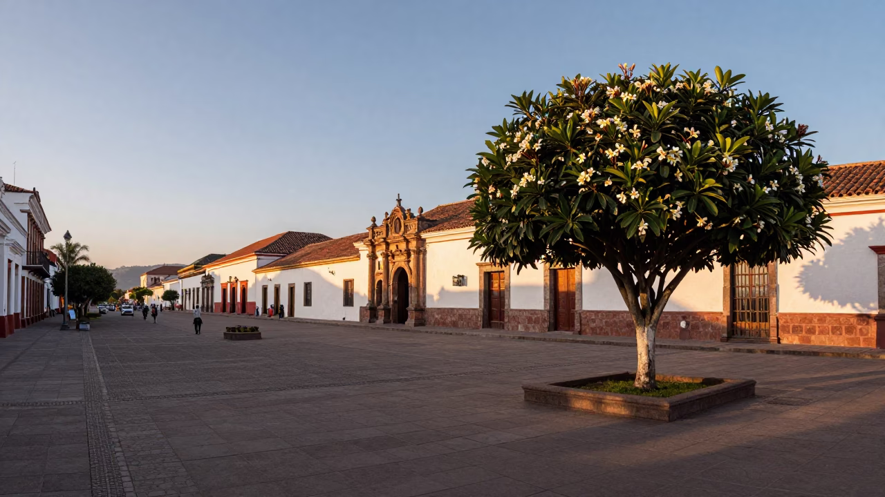 Evening Street Scene in Quito Ecuador with Plumeria Tree and Local Interaction in in Quito, Ecuador