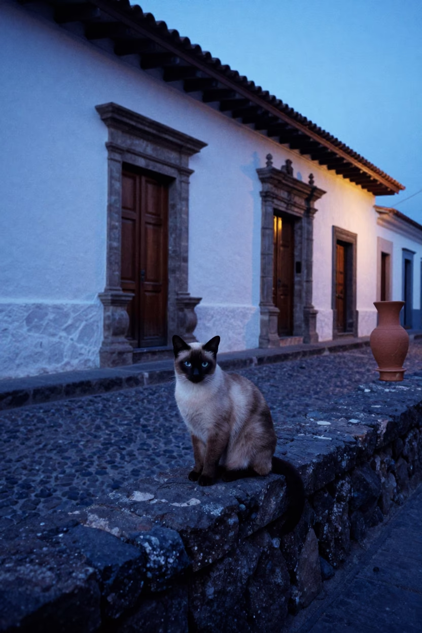 Evening Street Scene in Quito Ecuador with Siamese Cat and Clay Teapot in in Quito, Ecuador