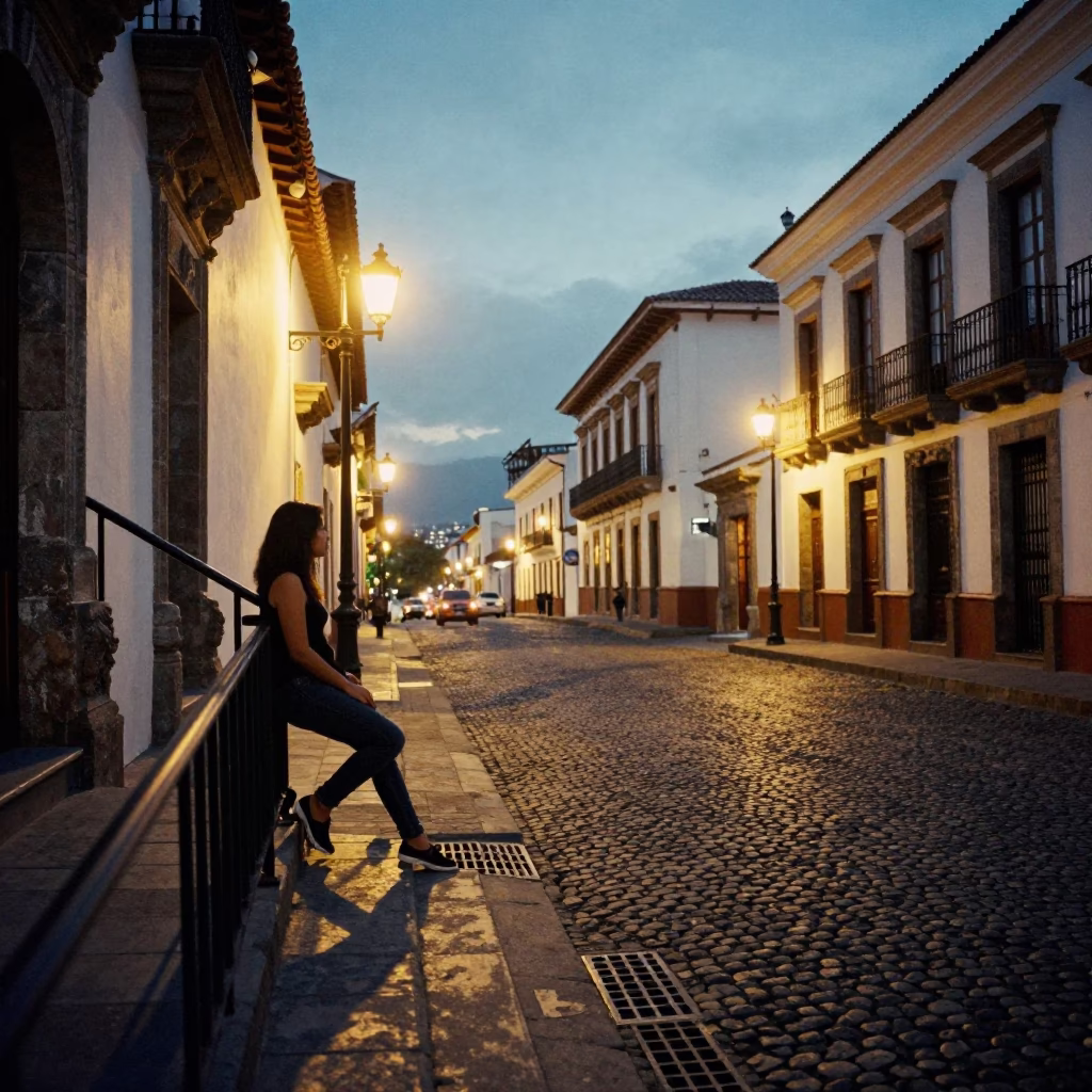 Evening Street Scene in Quito Ecuador with Stair Rail and Drain Details in in Quito, Ecuador