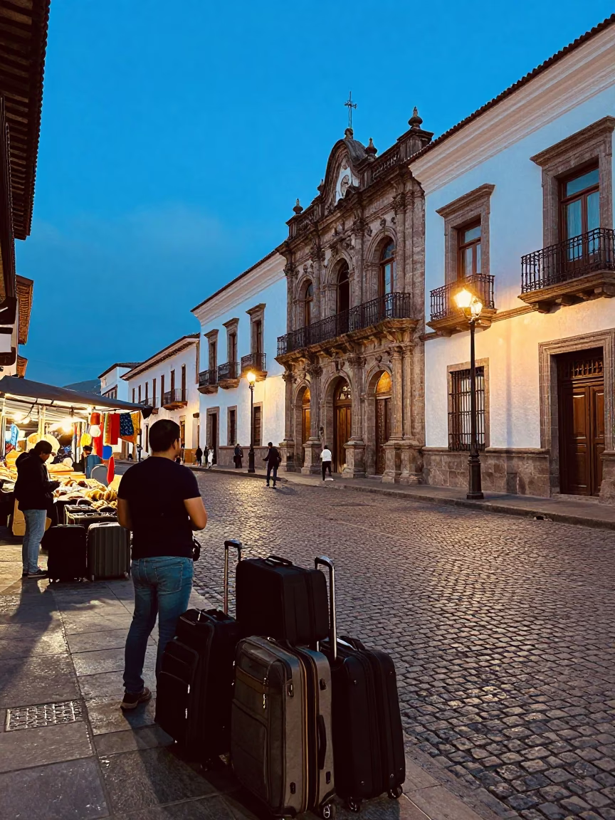 Evening Street Scene in Quito Ecuador with Suitcases and Local Market Details in in Quito, Ecuador