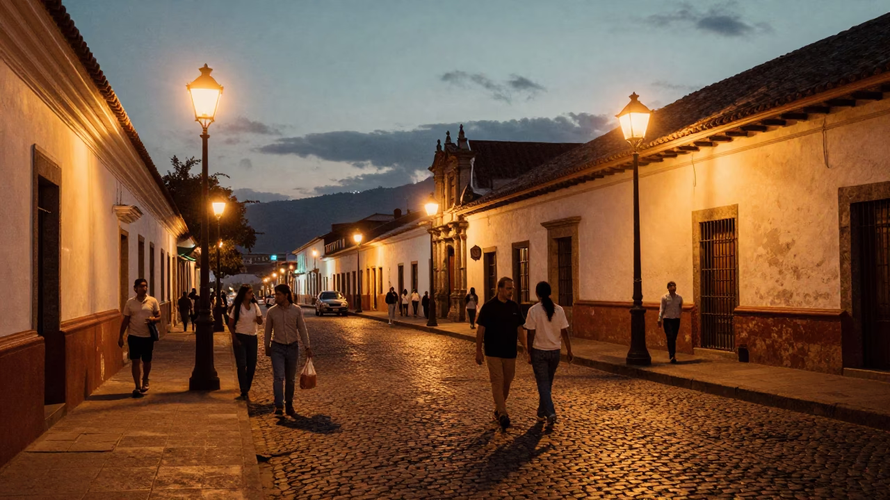 Evening Street Scene in Quito Ecuador with Vintage 1970s Aesthetic and City Lights in in Quito, Ecuador