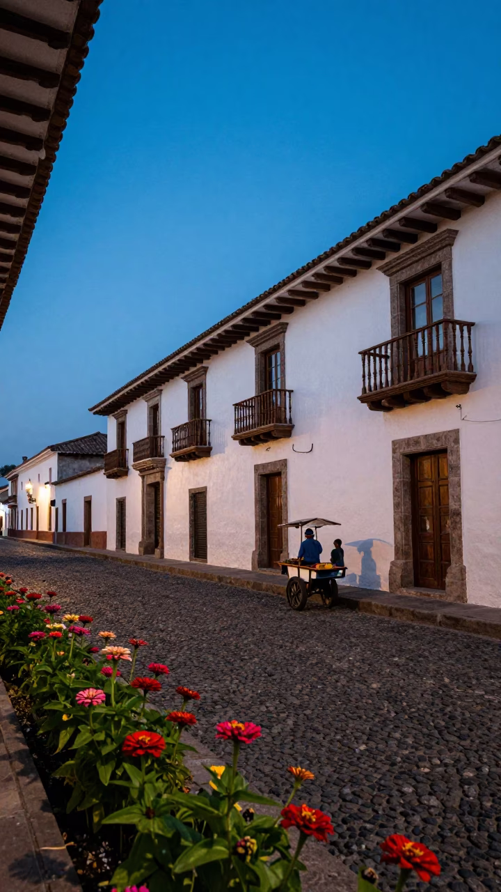 Evening street scene in Quito Ecuador with zinnias and colonial architecture in in Quito, Ecuador