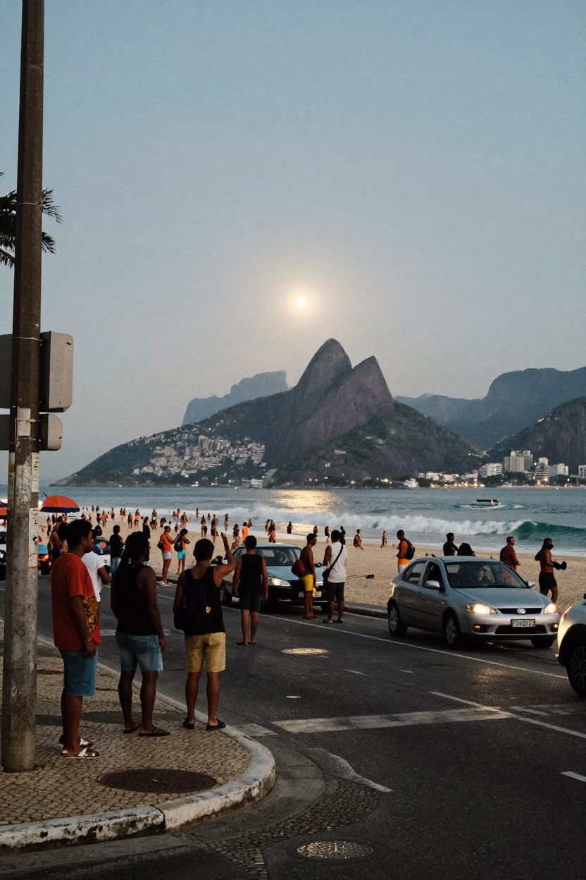 Evening Street Scene in Rio de Janeiro Brazil with Moonlit Surf and Beacon in in Rio de Janeiro, Brazil