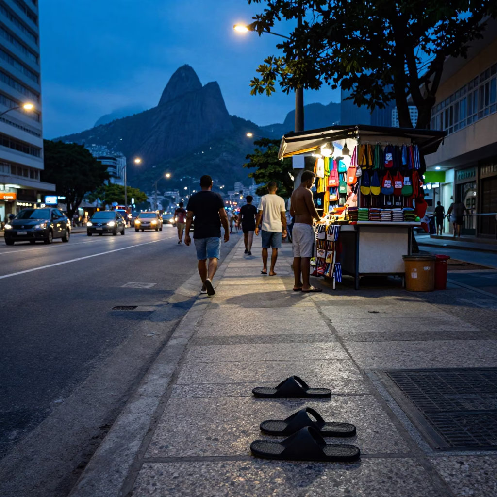 Evening street scene in Rio de Janeiro Brazil with slippers on sidewalk in in Rio de Janeiro, Brazil