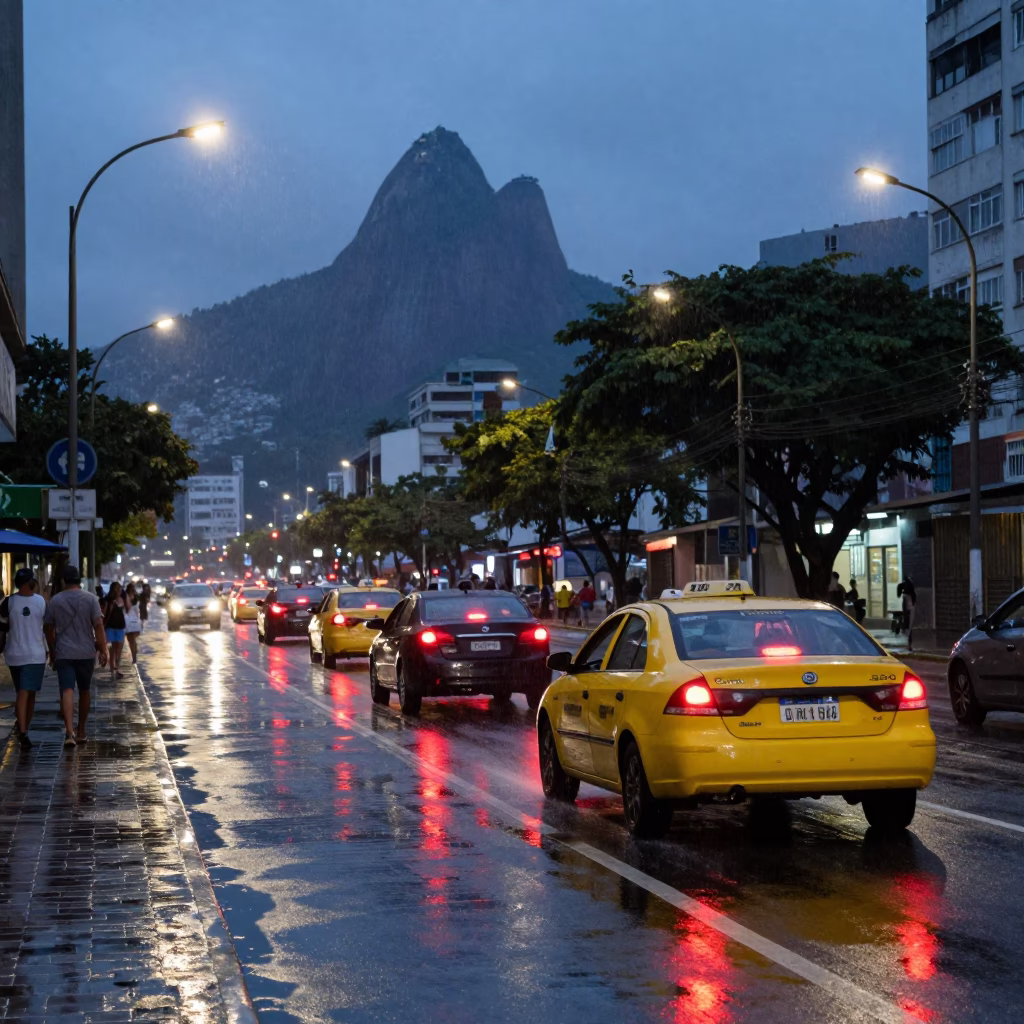 Evening Street Scene in Rio de Janeiro Brazil with Yellow Taxi and Urban Details in in Rio de Janeiro, Brazil