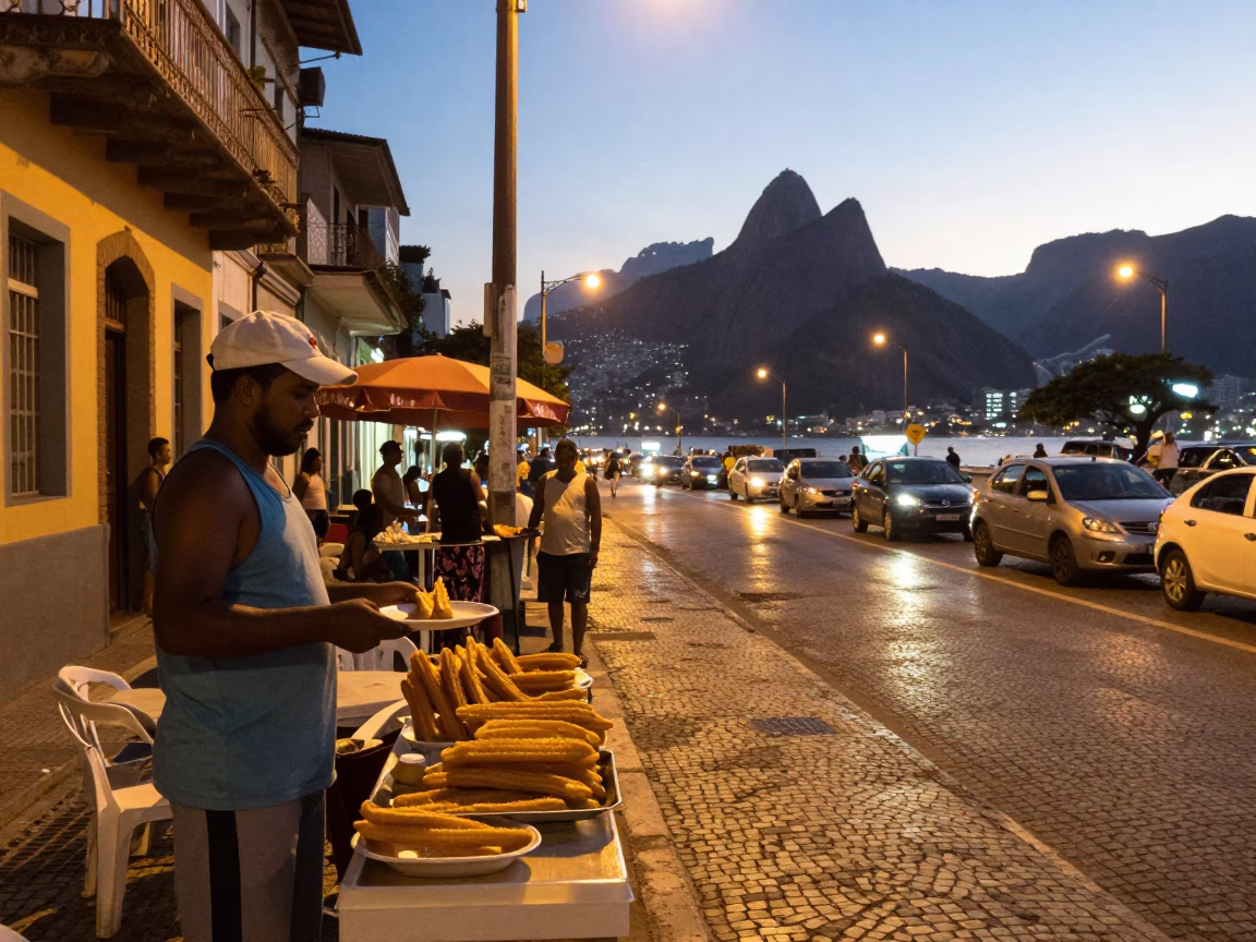 Evening Street Scene in Rio de Janeiro with Churros and Local Life in in Rio de Janeiro, Brazil