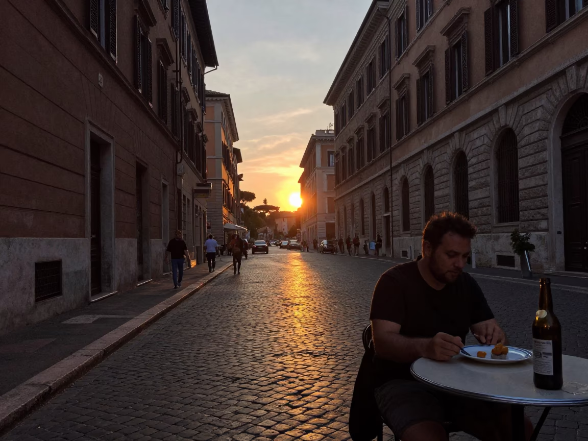 Evening Street Scene in Rome Italy with Bottle and Plate of Smørrebrød in in Rome, Italy