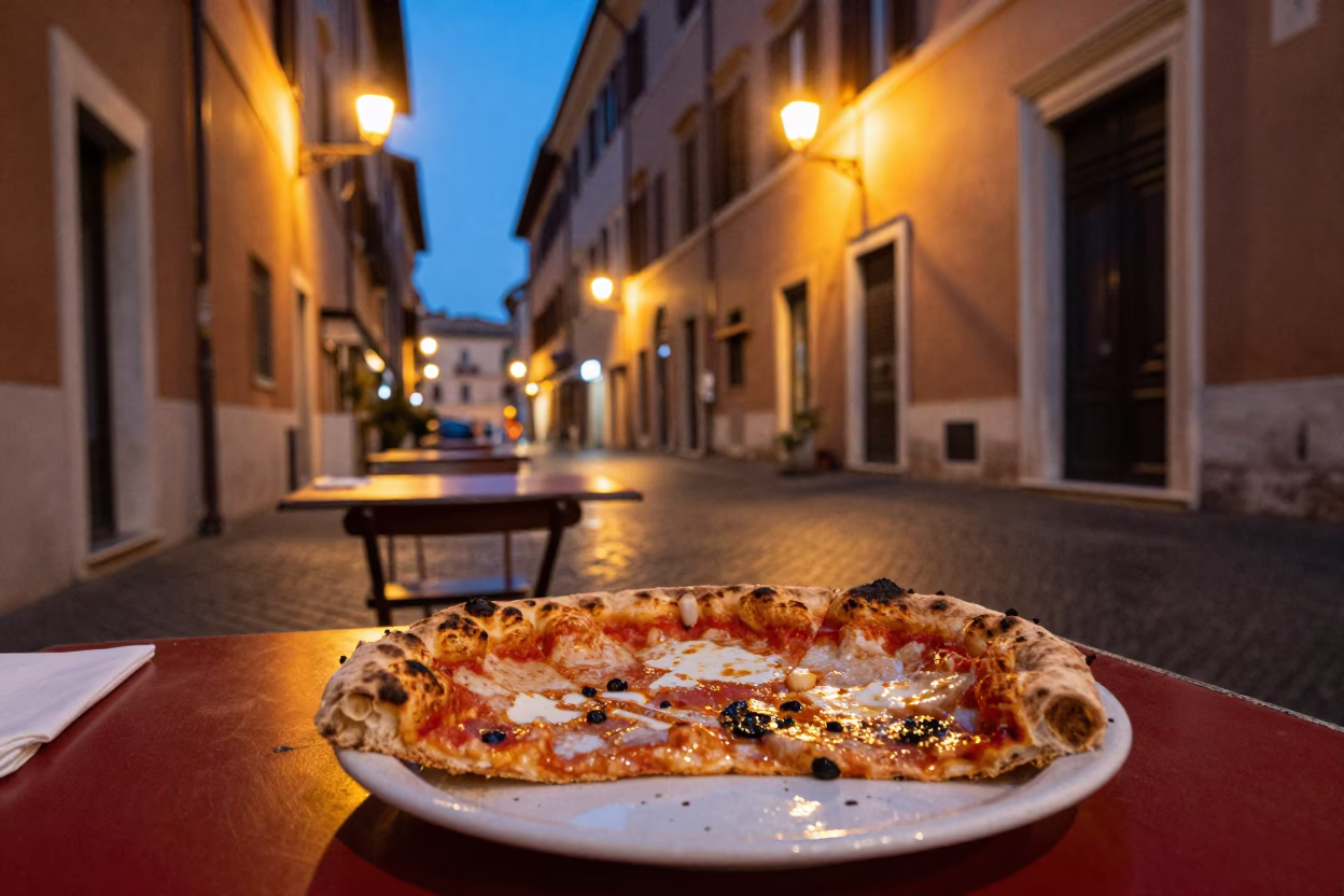 Evening Street Scene in Rome Italy with Ceramic Plates and Local Dining in in Rome, Italy