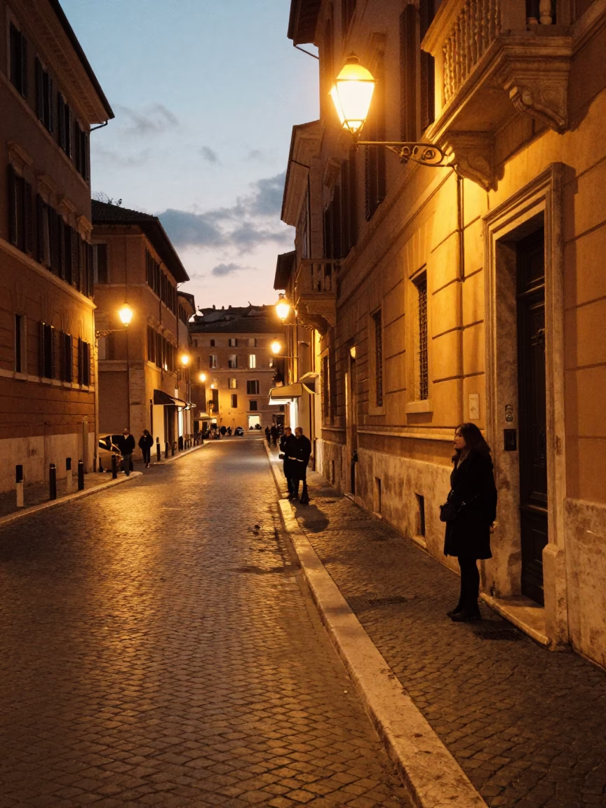Evening Street Scene in Rome Italy with City Lights and Local Life in in Rome, Italy