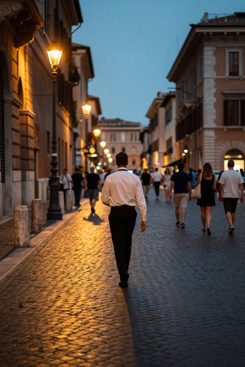 Evening Street Scene in Rome Italy with Cobblestones and City Lights in in Rome, Italy