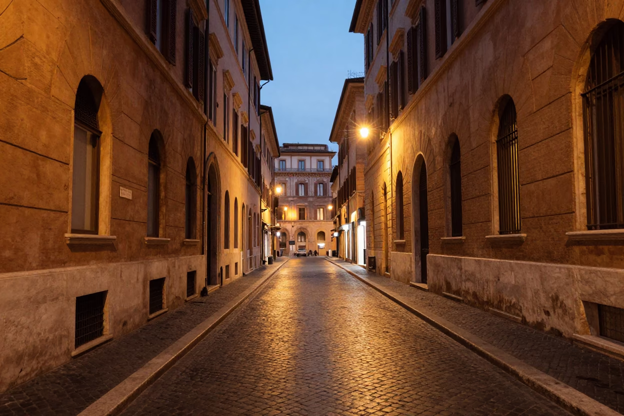 Evening street scene in Rome Italy with cobblestones and glowing city lights in in Rome, Italy