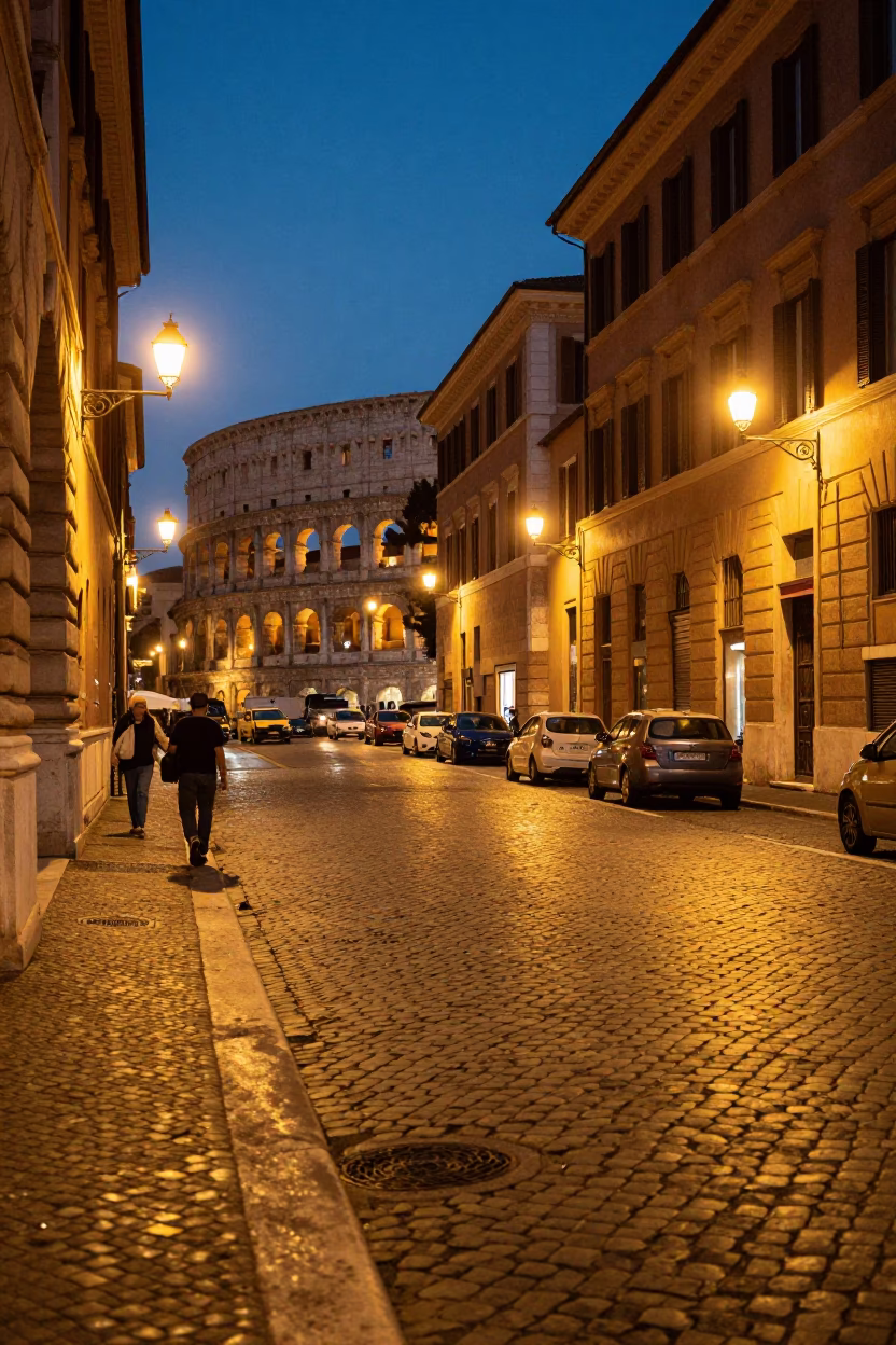 Evening street scene in Rome Italy with cobblestones and warm city lights glowing in in Rome, Italy