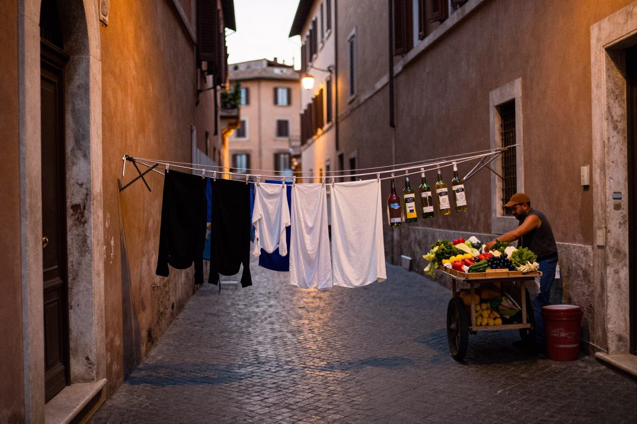 Evening Street Scene in Rome Italy with Drying Rack and Bottle on Balcony in in Rome, Italy