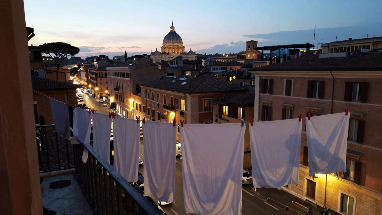 Evening Street Scene in Rome Italy with Laundry Hanging and City Lights in in Rome, Italy