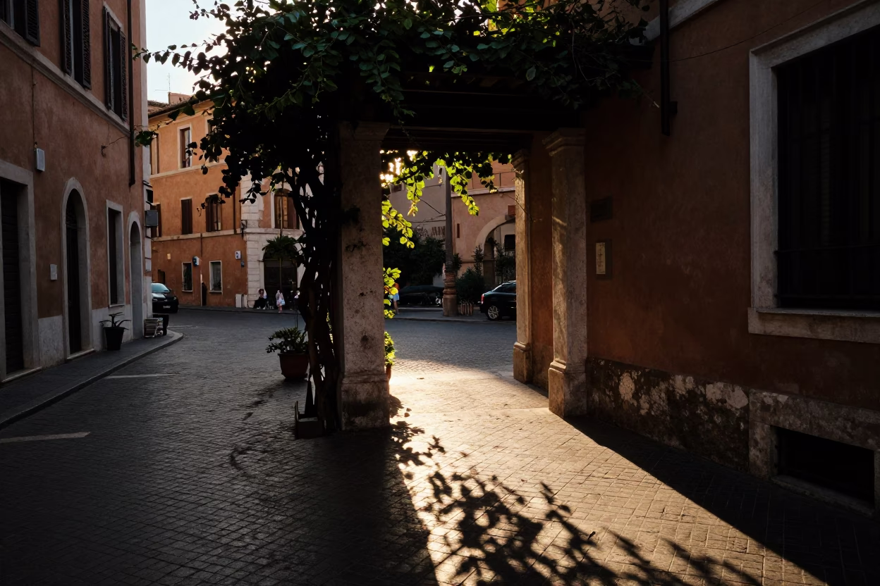 Evening street scene in Rome Italy with leaf shadows and traditional cooking in in Rome, Italy