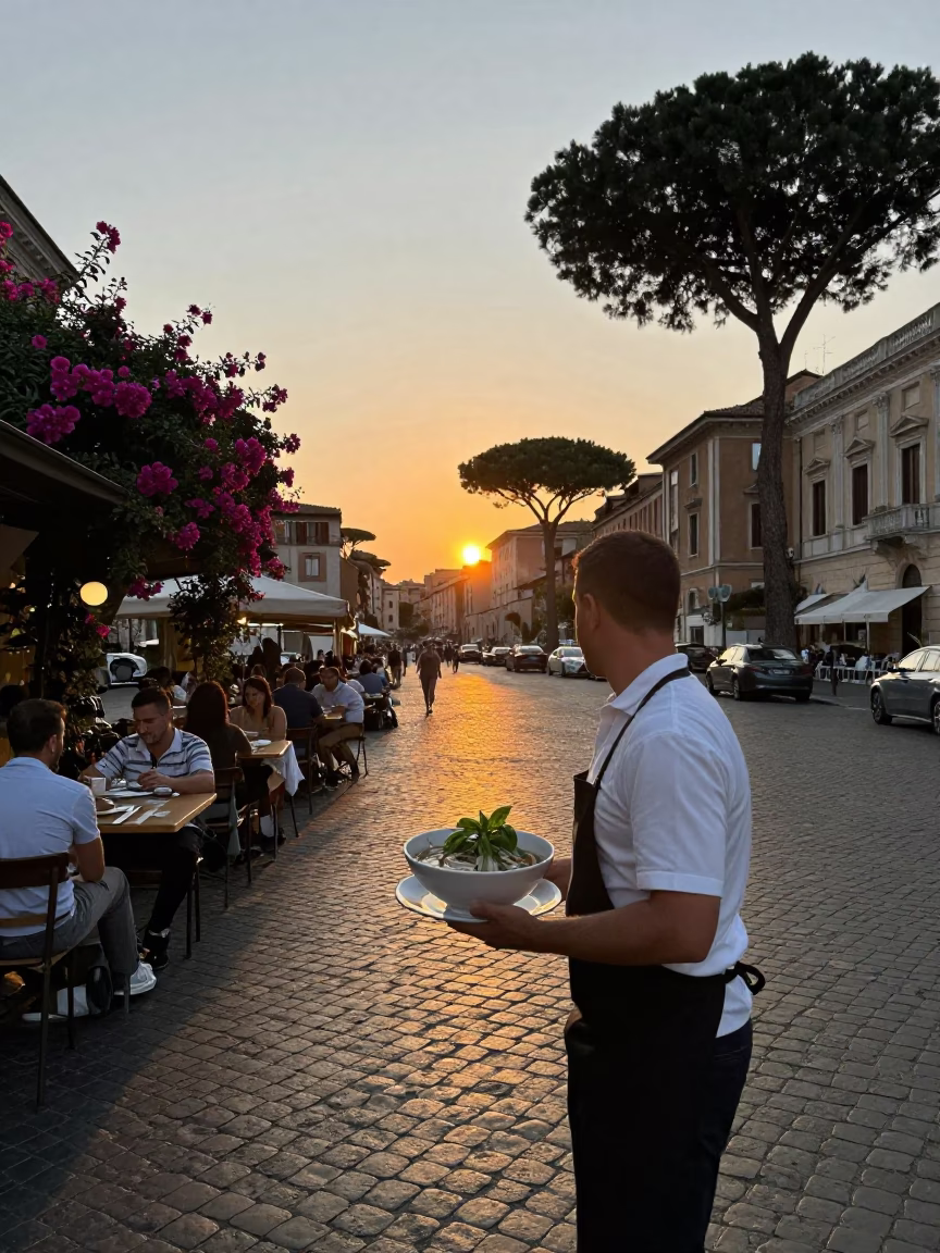 Evening street scene in Rome Italy with local dining and flowering plants in in Rome, Italy