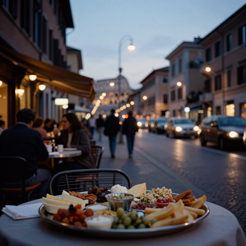 Evening Street Scene in Rome Italy with Mezze Platter and Urban Architecture in in Rome, Italy