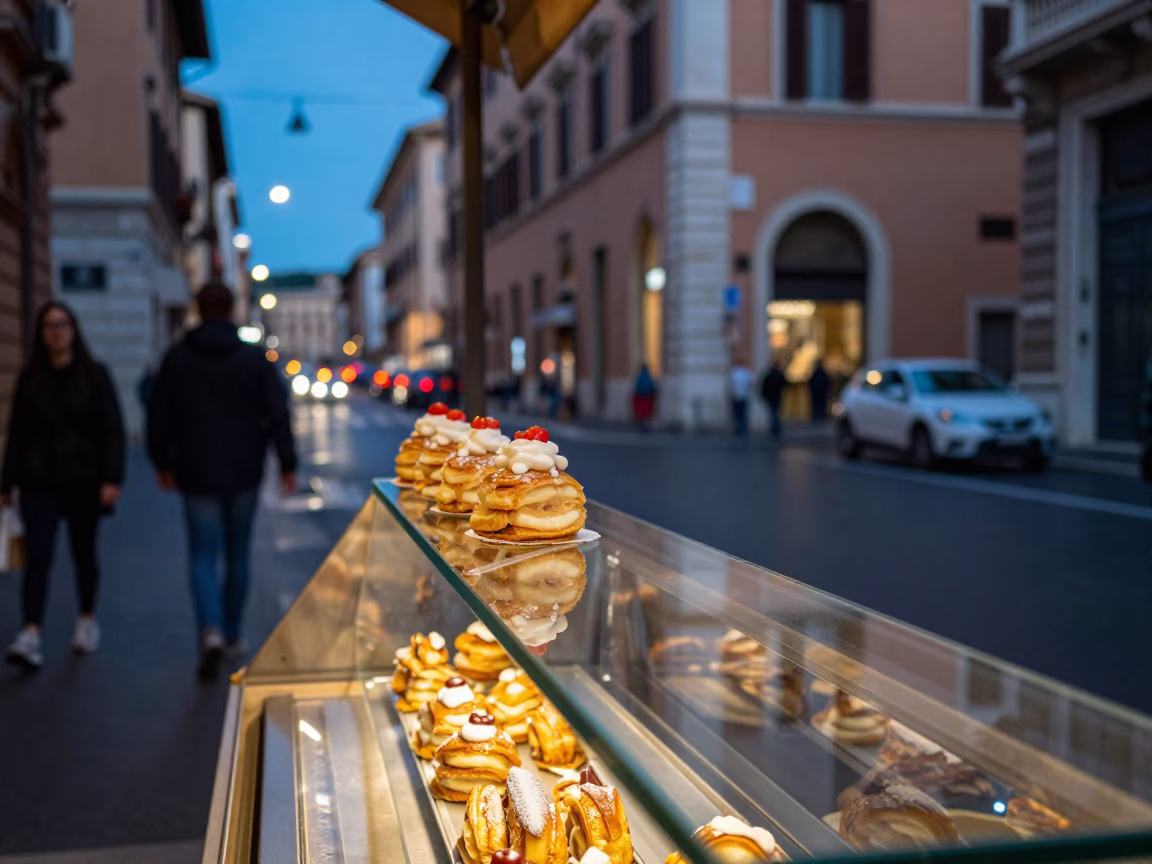 Evening Street Scene in Rome Italy with Mille-Feuille and Glass Counter at Dusk in in Rome, Italy