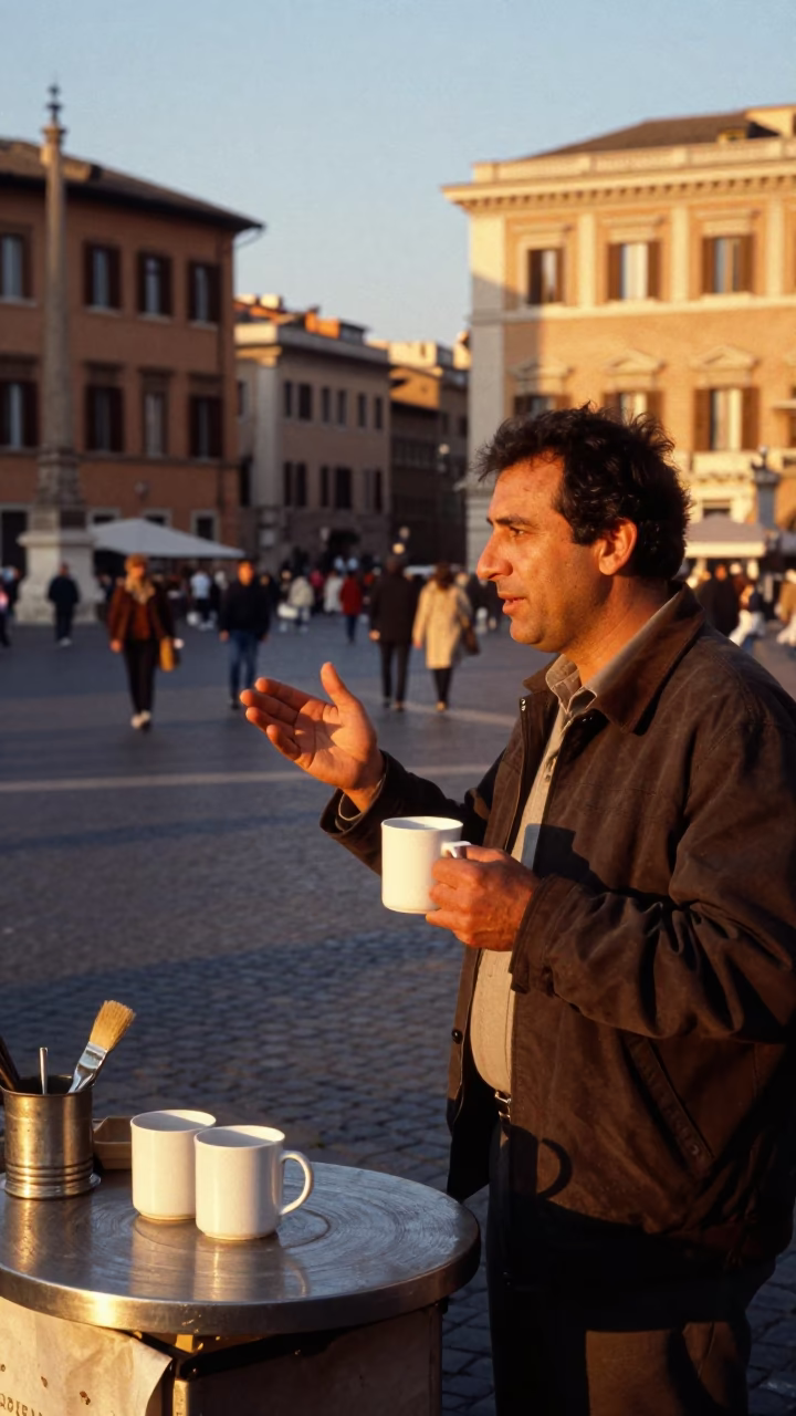 Evening Street Scene in Rome Italy with Mug and Brushed Steel Basin in in Rome, Italy