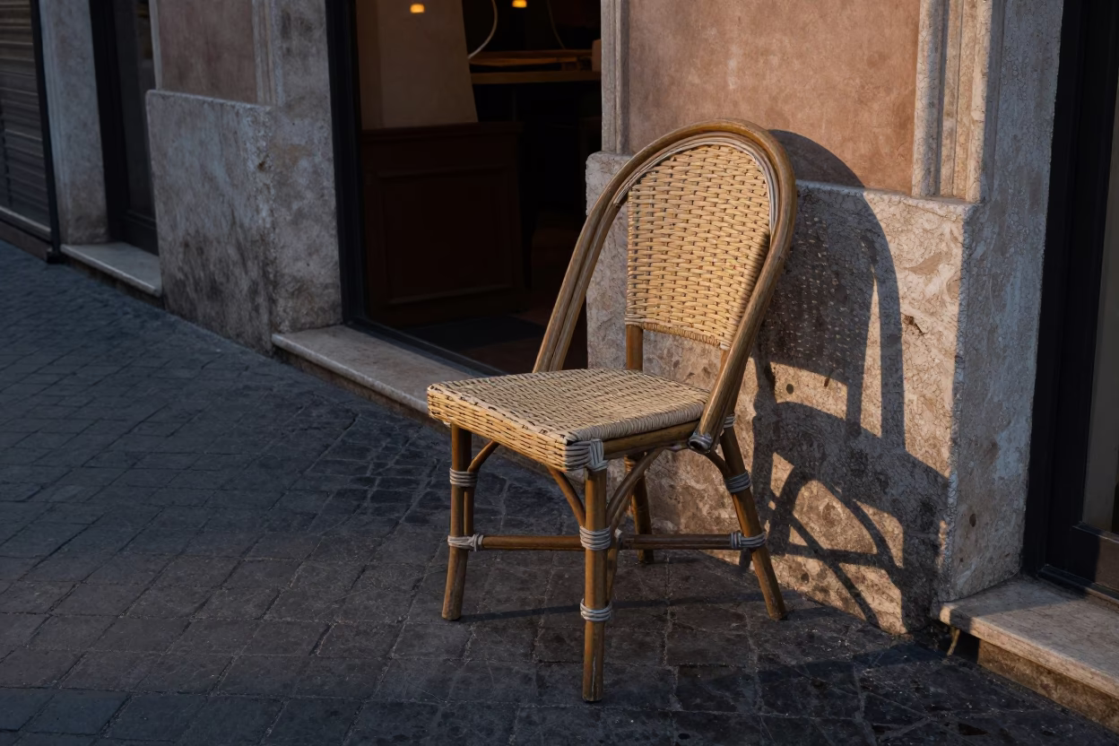 Evening Street Scene in Rome Italy with Rattan Chair and Dust on Tabletop in in Rome, Italy