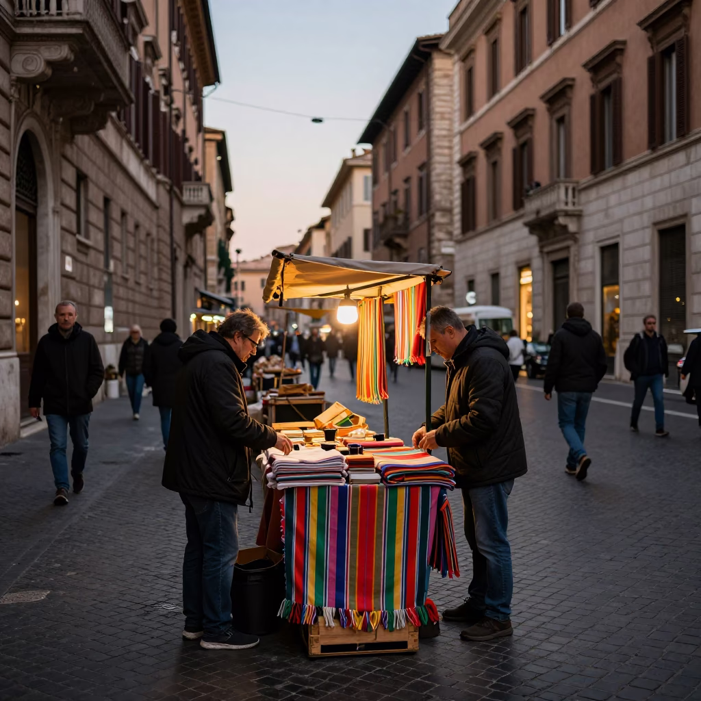 Evening Street Scene in Rome Italy with Striped Fabric and Vintage Details in in Rome, Italy