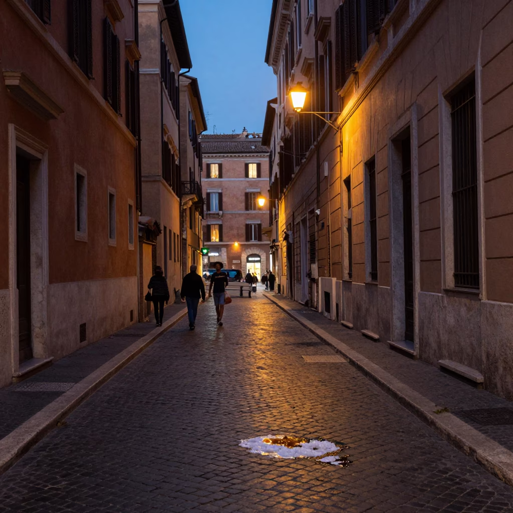 Evening Street Scene in Rome Italy with Tea Stains and Soap Residue in in Rome, Italy