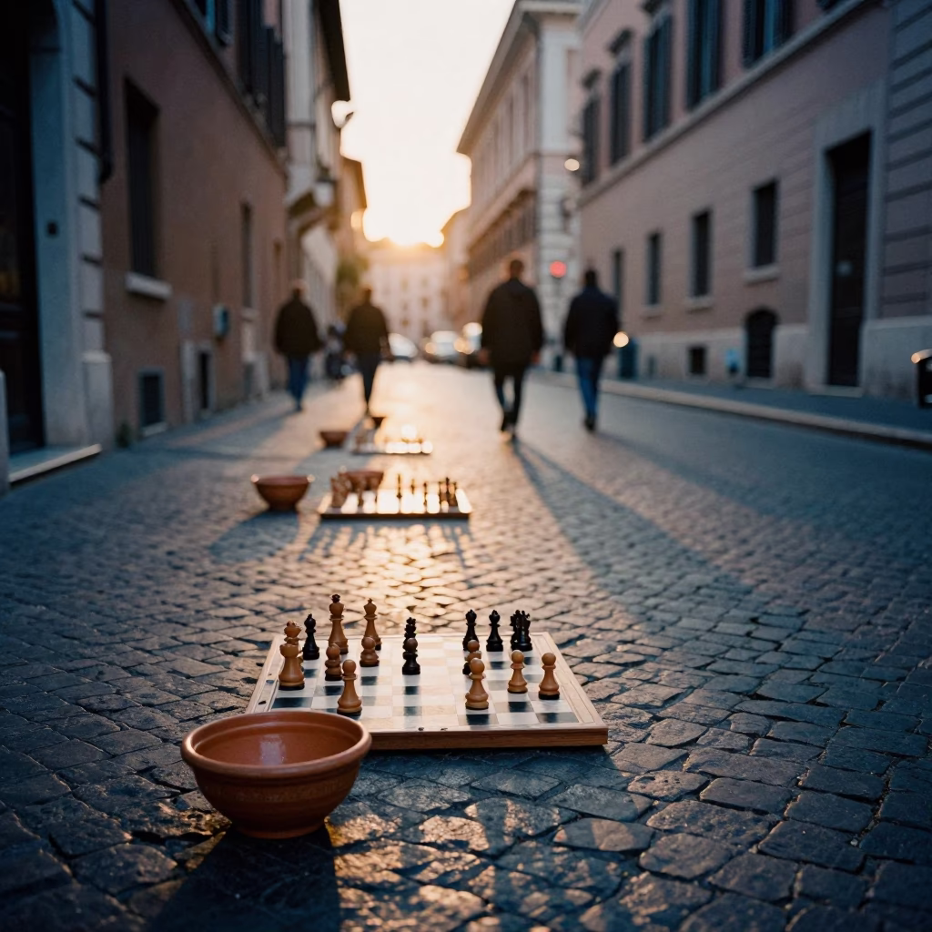 Evening street scene in Rome Italy with terracotta bowls and chess clock on cobblestone in in Rome, Italy