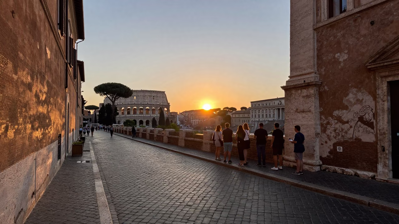 Evening street scene in Rome Italy with tourists and historic architecture at sunset in in Rome, Italy