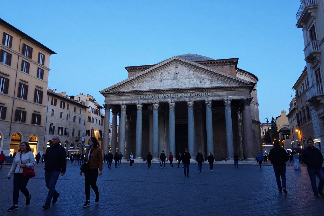 Evening street scene in Rome Italy with tourists and historic architecture in in Rome, Italy