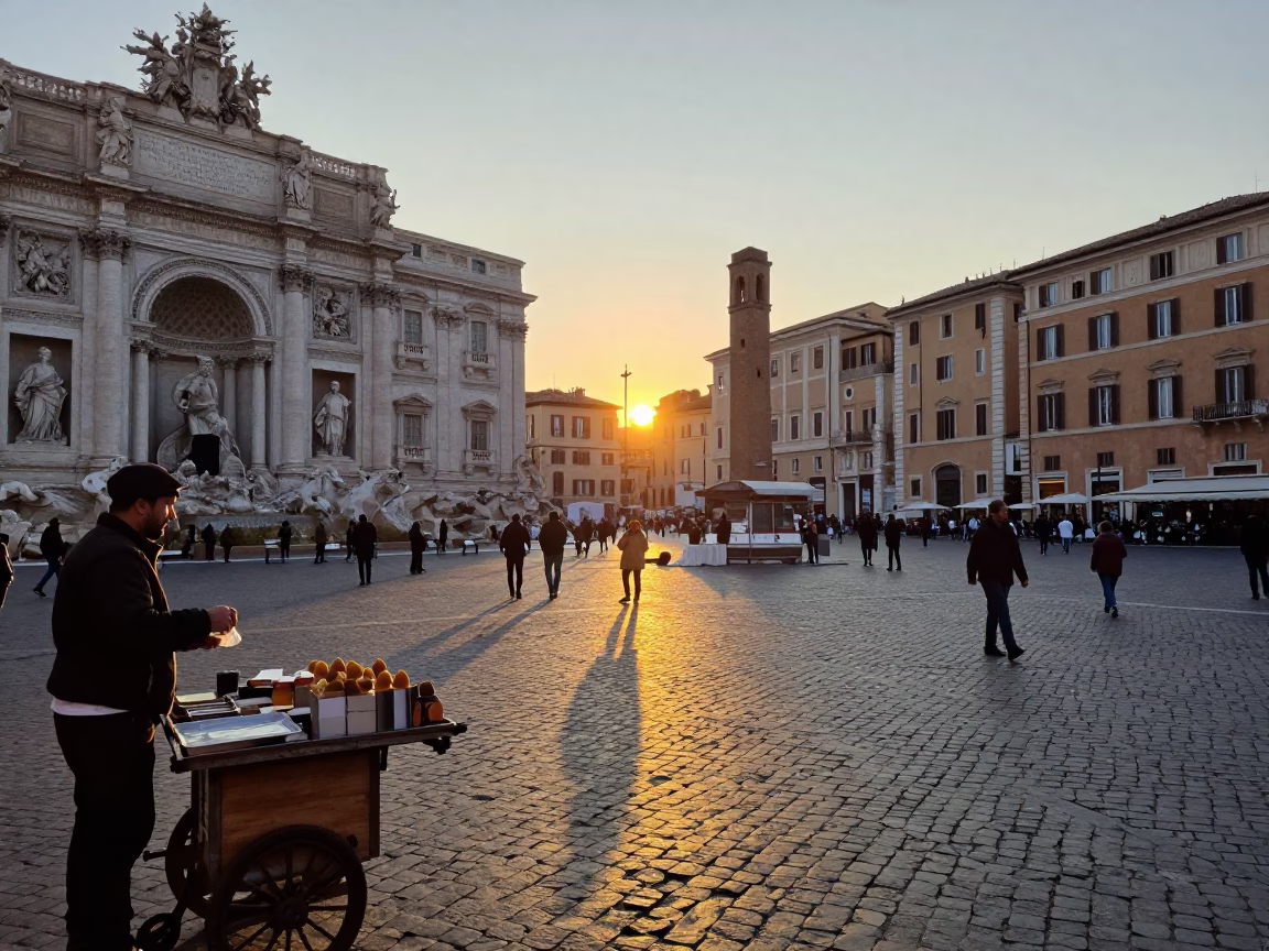 Evening Street Scene in Rome Italy with Traditional Food and Urban Architecture in in Rome, Italy
