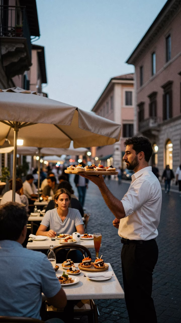 Evening Street Scene in Rome Italy with Umbrellas and Pintxos in in Rome, Italy
