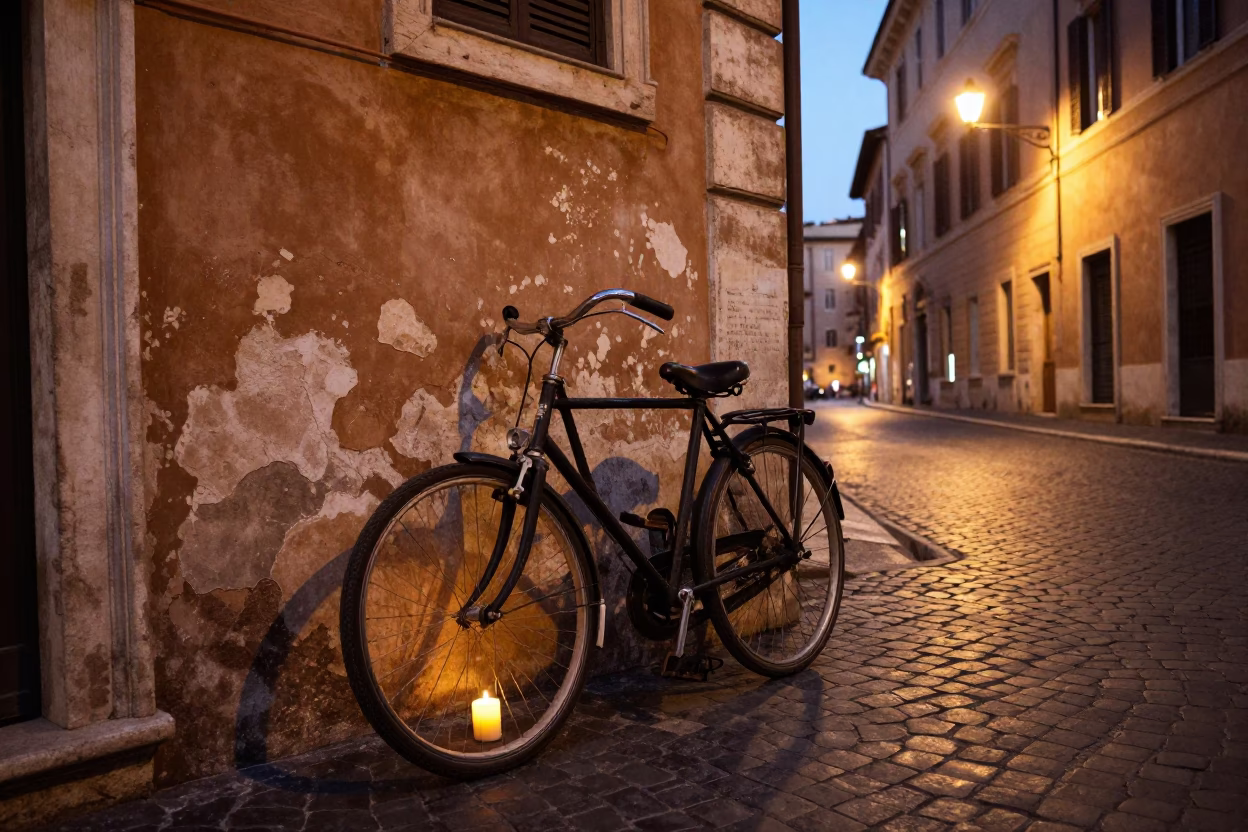 Evening Street Scene in Rome Italy with Vintage Bicycle and Candle Holder in in Rome, Italy