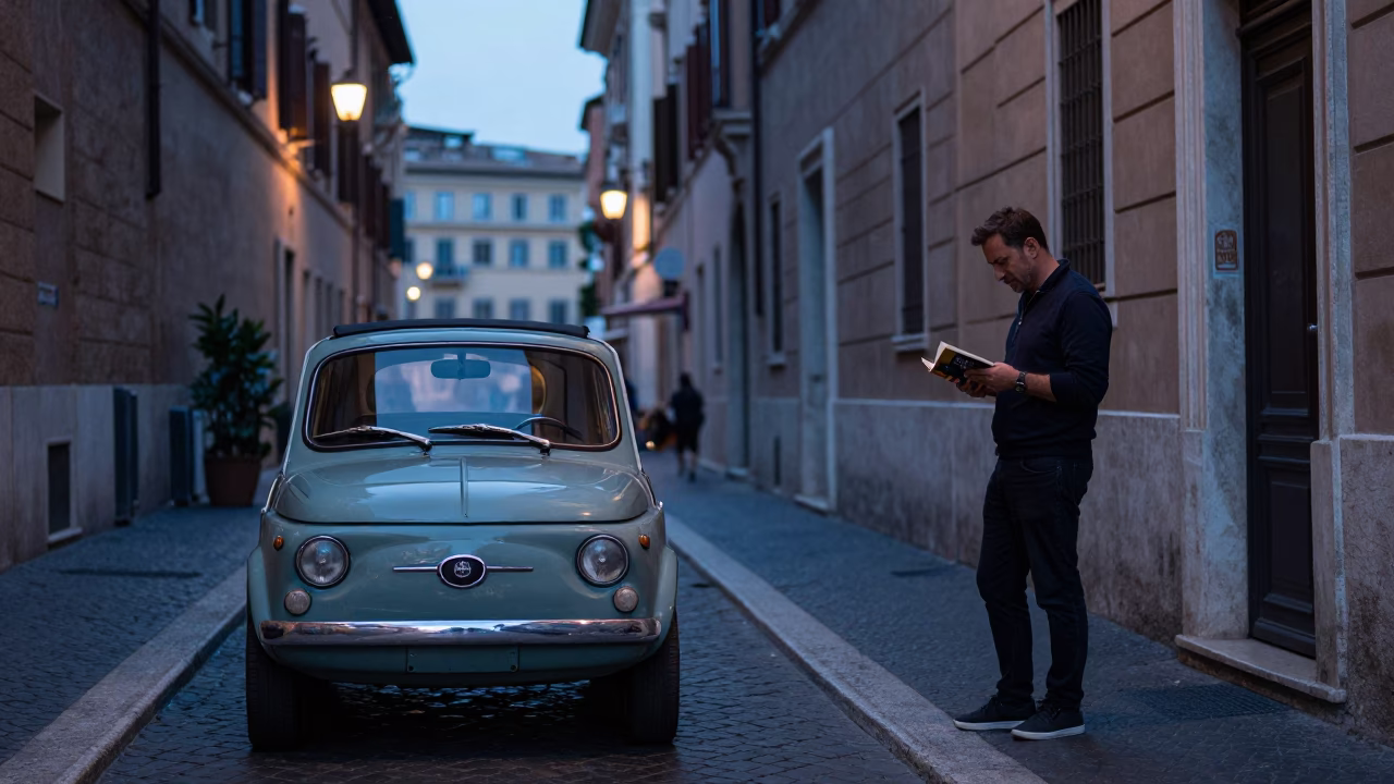 Evening Street Scene in Rome Italy with Vintage Car and Local Life in in Rome, Italy