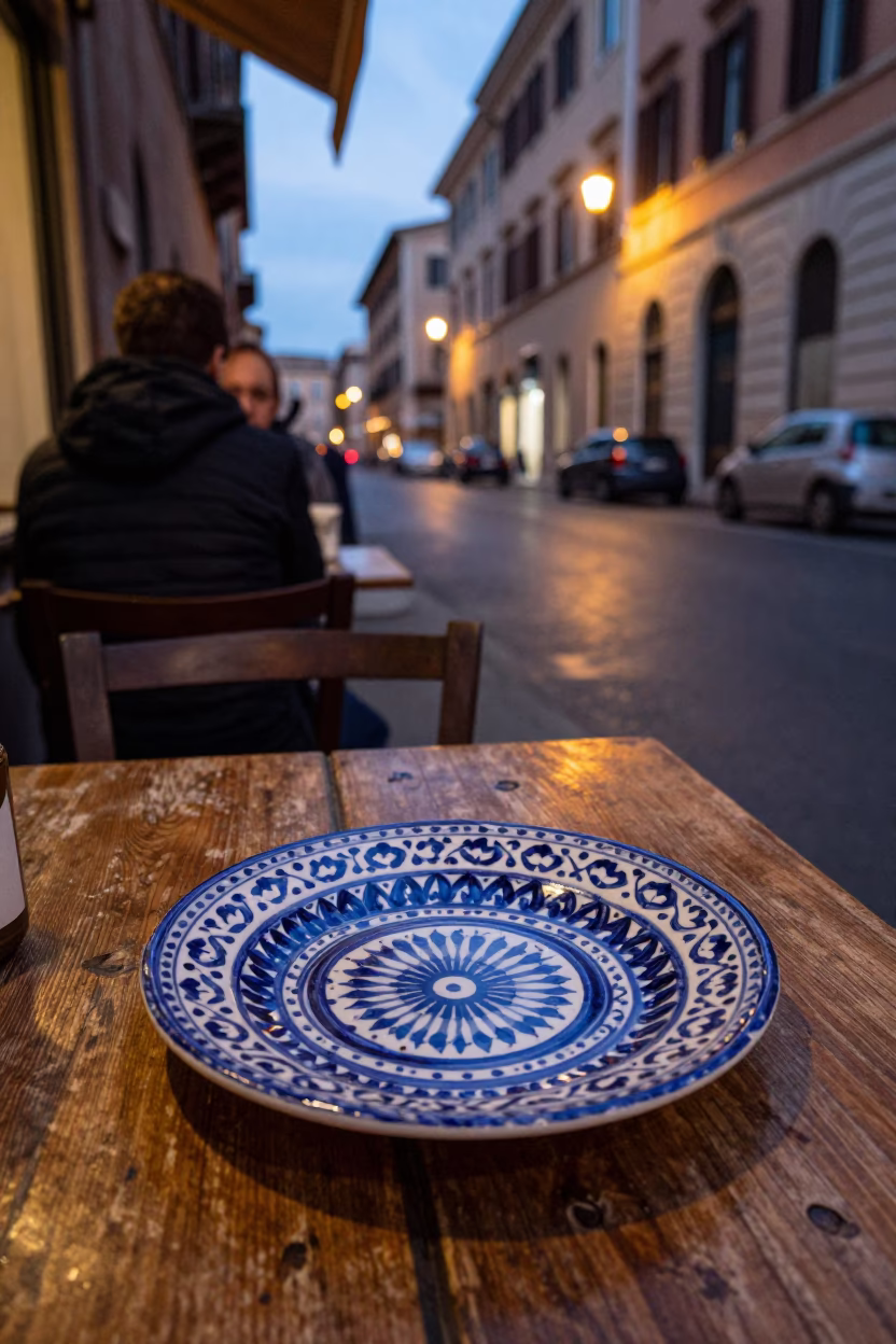 Evening Street Scene in Rome Italy with Vintage Italian Majolica Plate on Cafe Table in in Rome, Italy