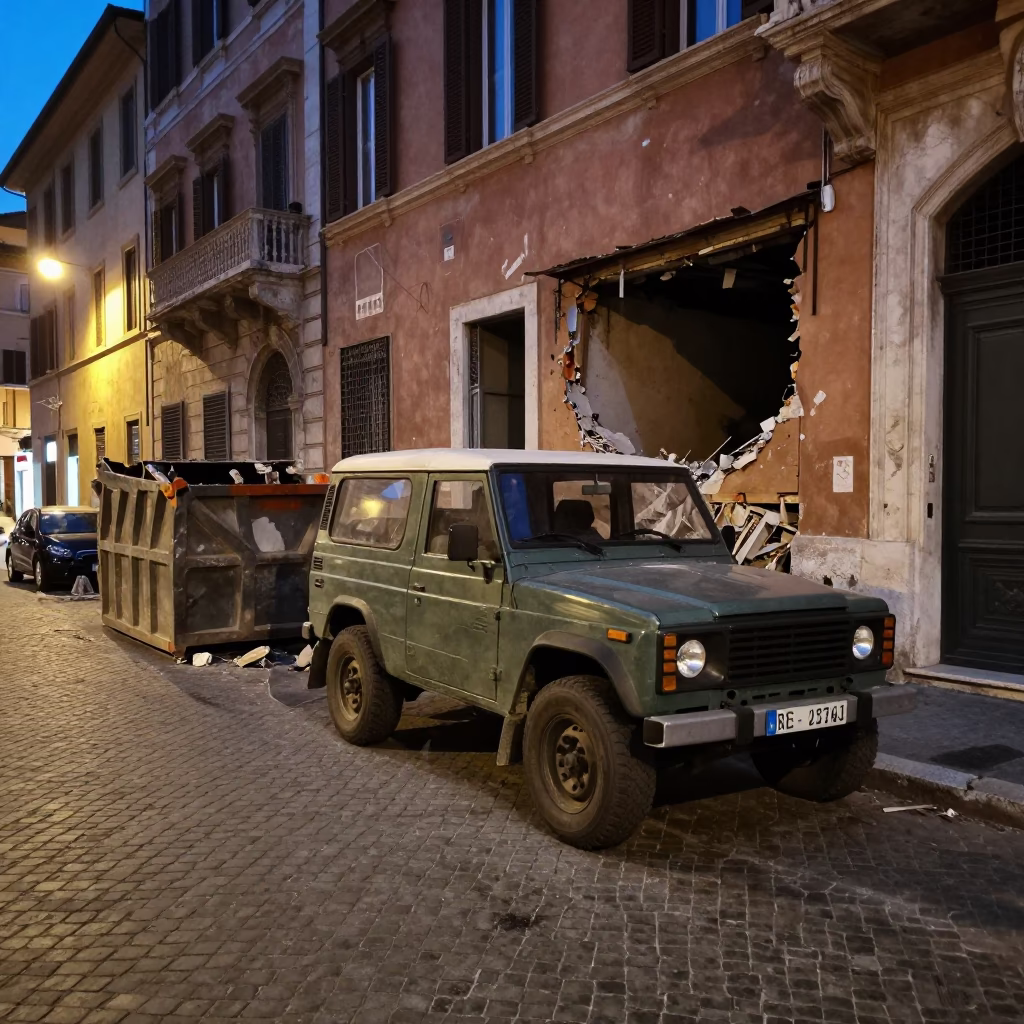 Evening Street Scene in Rome Italy with Vintage SUV and Demolition Dumpster in in Rome, Italy