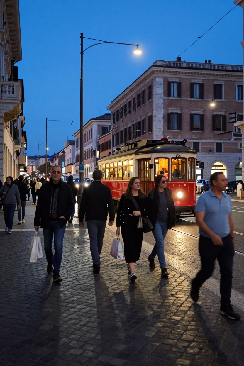 Evening Street Scene in Rome Italy with Vintage Tram and Pedestrians in in Rome, Italy